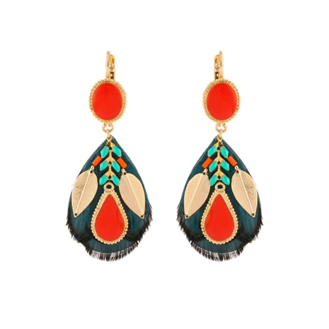 Alizia Sleeper Earrings with Feathers & Enamel in Red