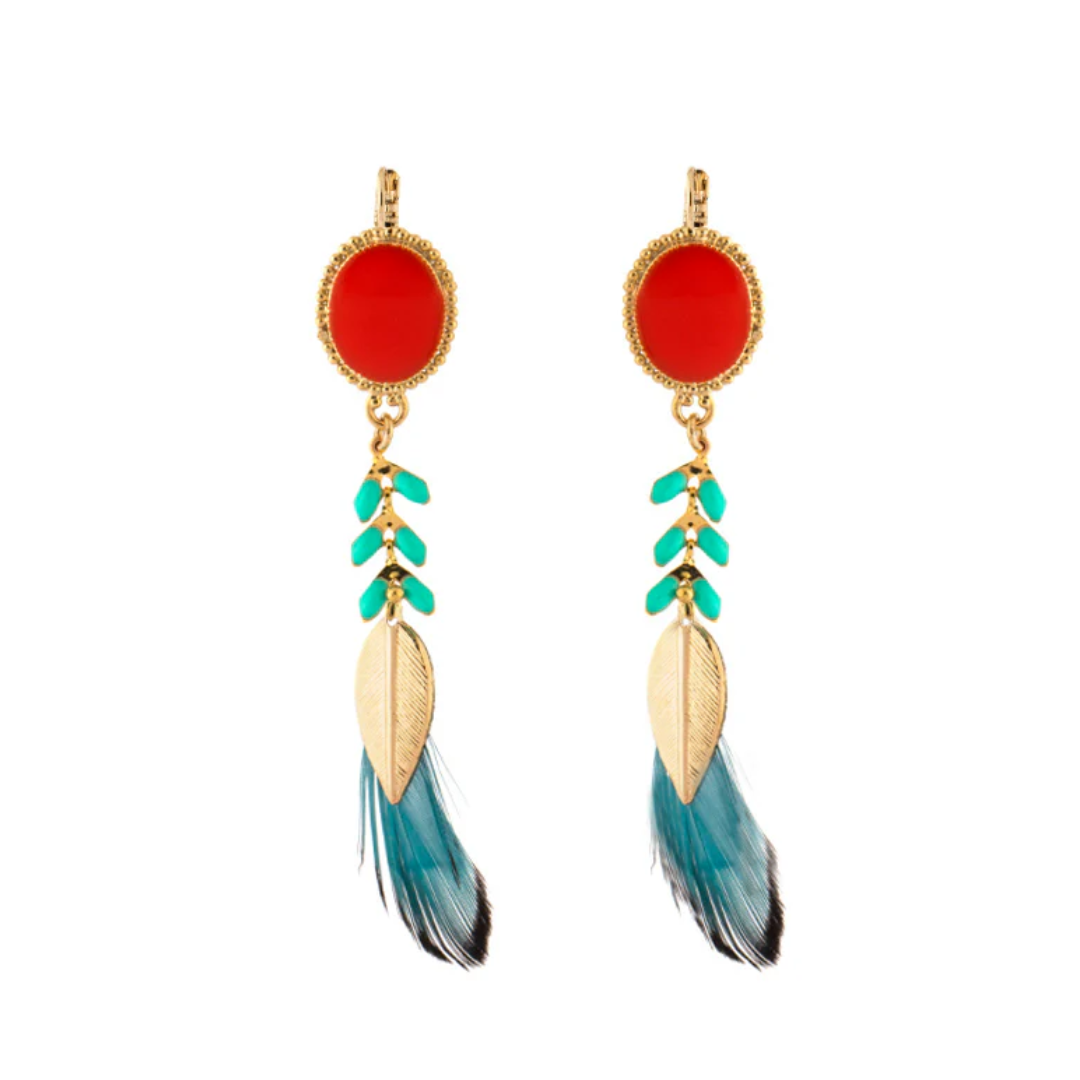 Alizia Long Sleeper Earrings wtih Feathers & Gold-Plated Metal in Blue
