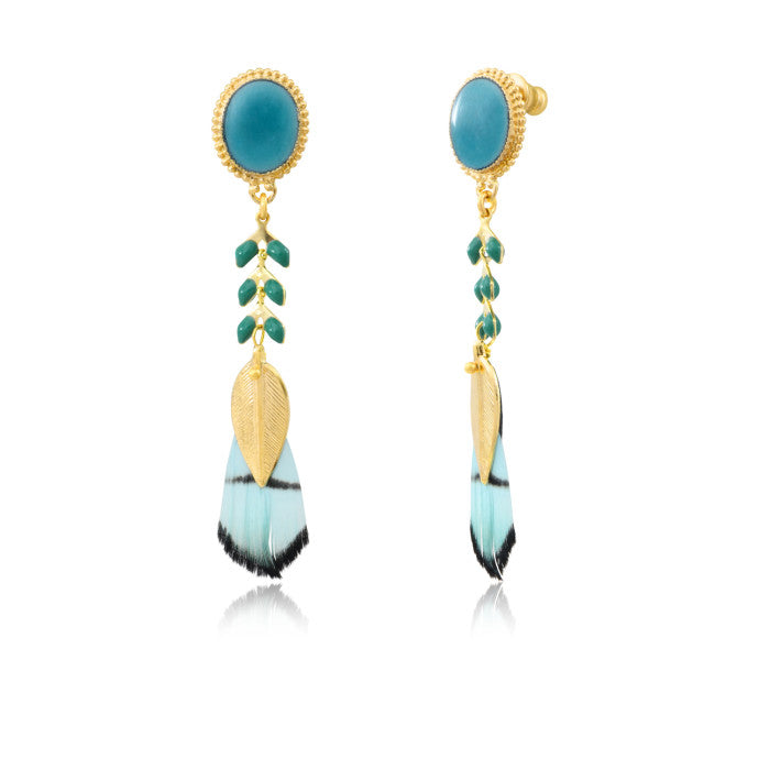 Alizia Long Pierced Earrings wtih Feathers & Gold-Plated Metal in Blue