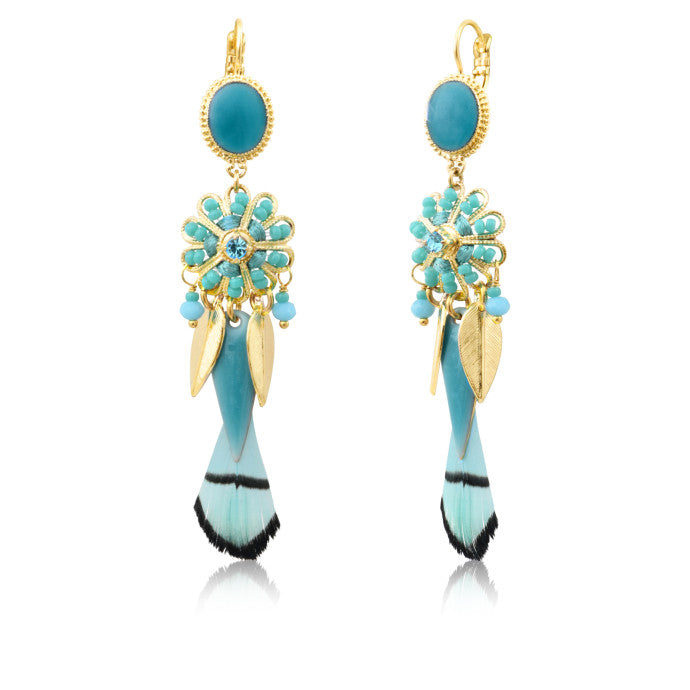 Alizia Long Sleeper Earrings with Feathers & Silk in Blue