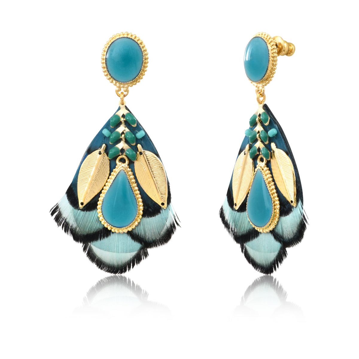 Alizia Pierced Earrings with Feathers & Enamel in Blue