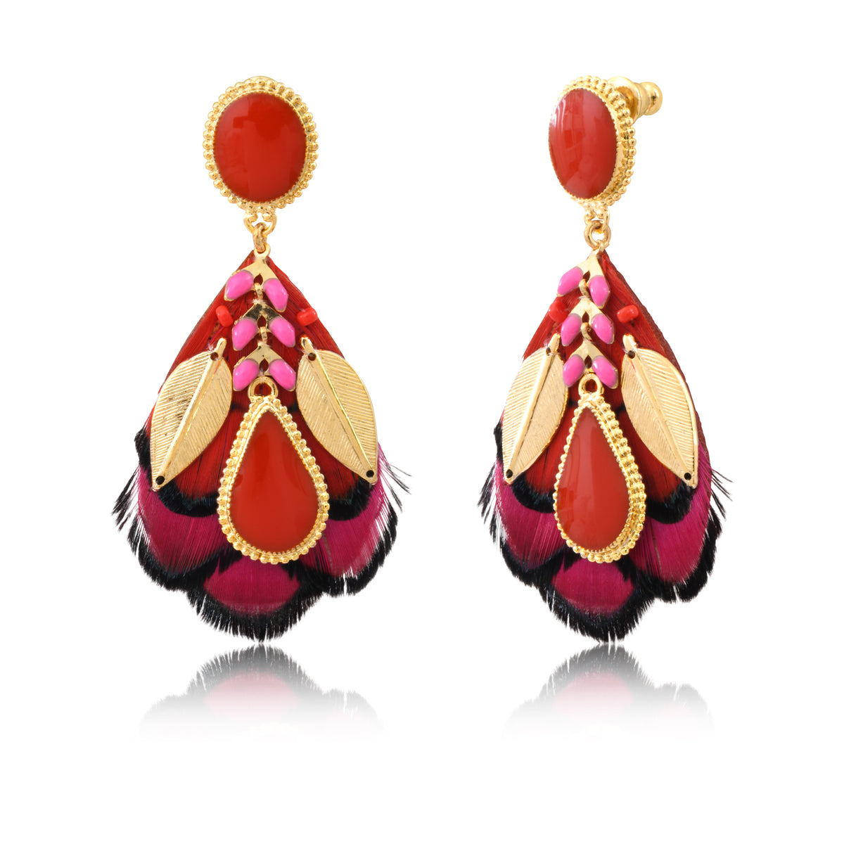 Alizia Pierced Earrings with Feathers & Enamel in Fuchsia