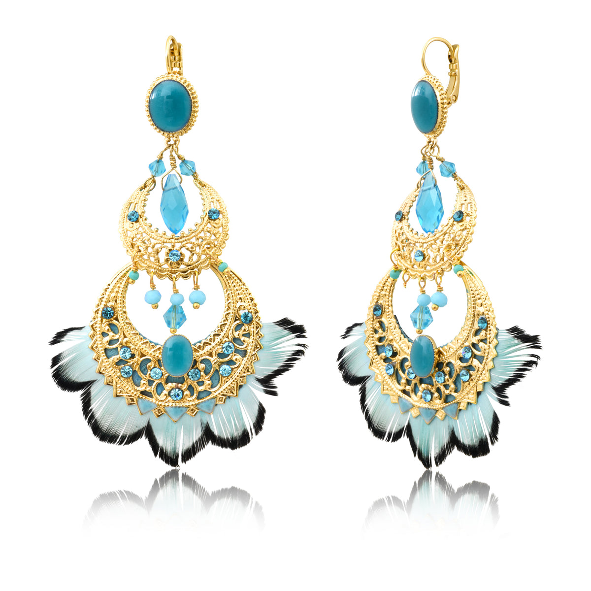 Alizia Dangling Sleeper Earrings with Feathers & Pearls in Blue