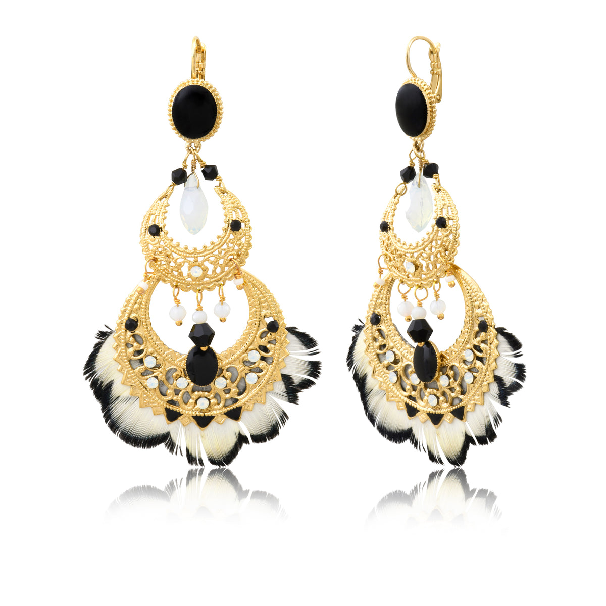 Alizia Dangling Sleeper Earrings with Feathers & Pearls in Black