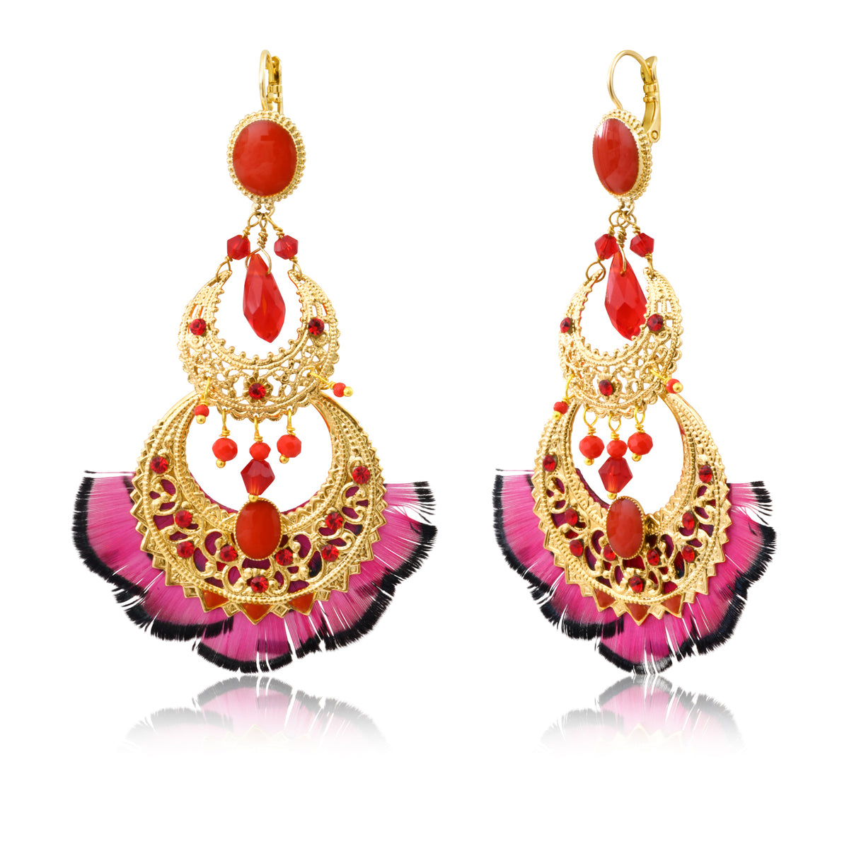 Alizia Dangling Sleeper Earrings with Feathers & Pearls in Fuchsia
