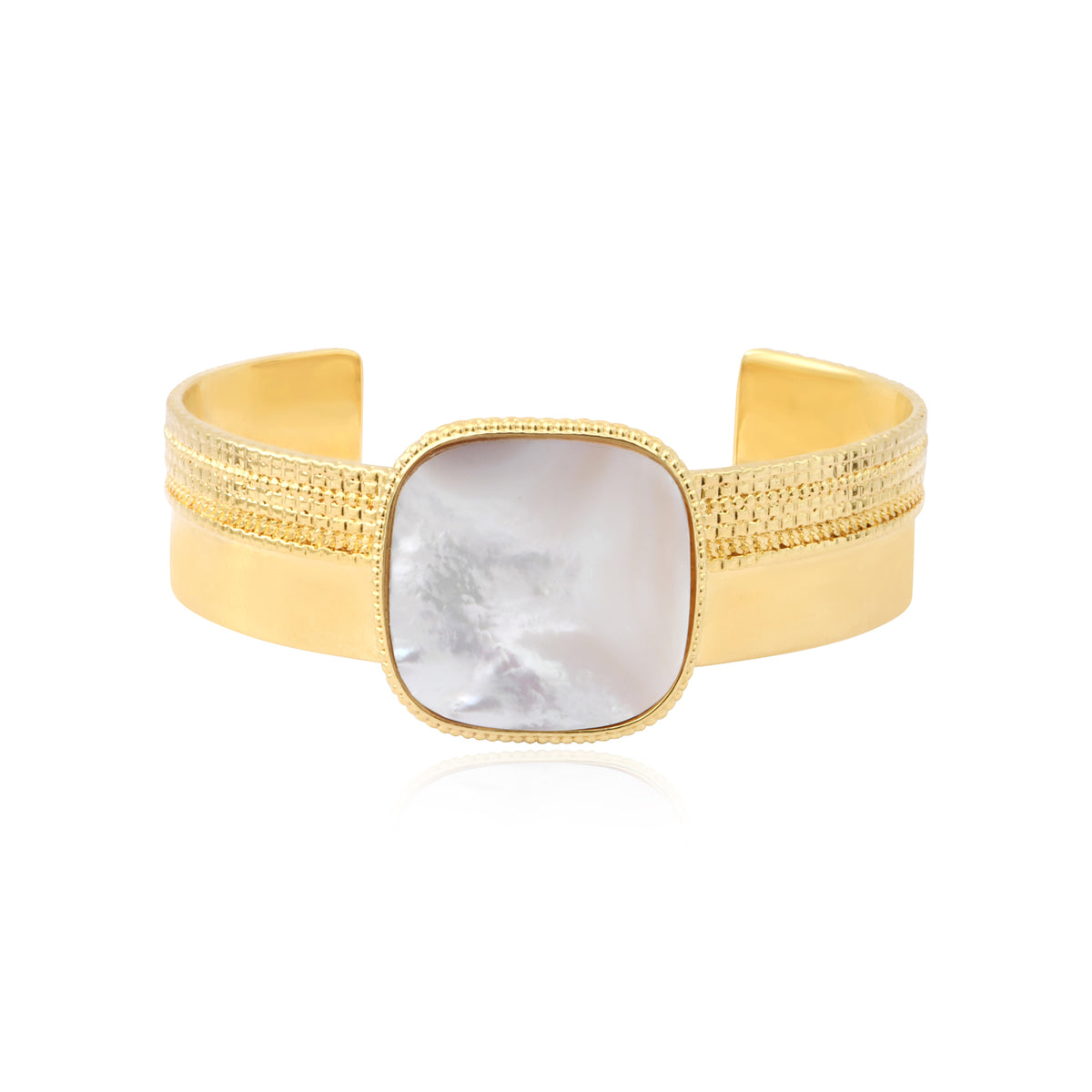 Ashanti Wide Adjustable Bangle In Square Mother-Of-Pearl & Metal – White – Size M