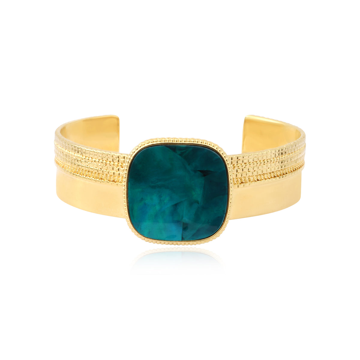 Ashanti Wide Adjustable Bangle In Square Mother-Of-Pearl & Metal – Green Turquoise – Size M