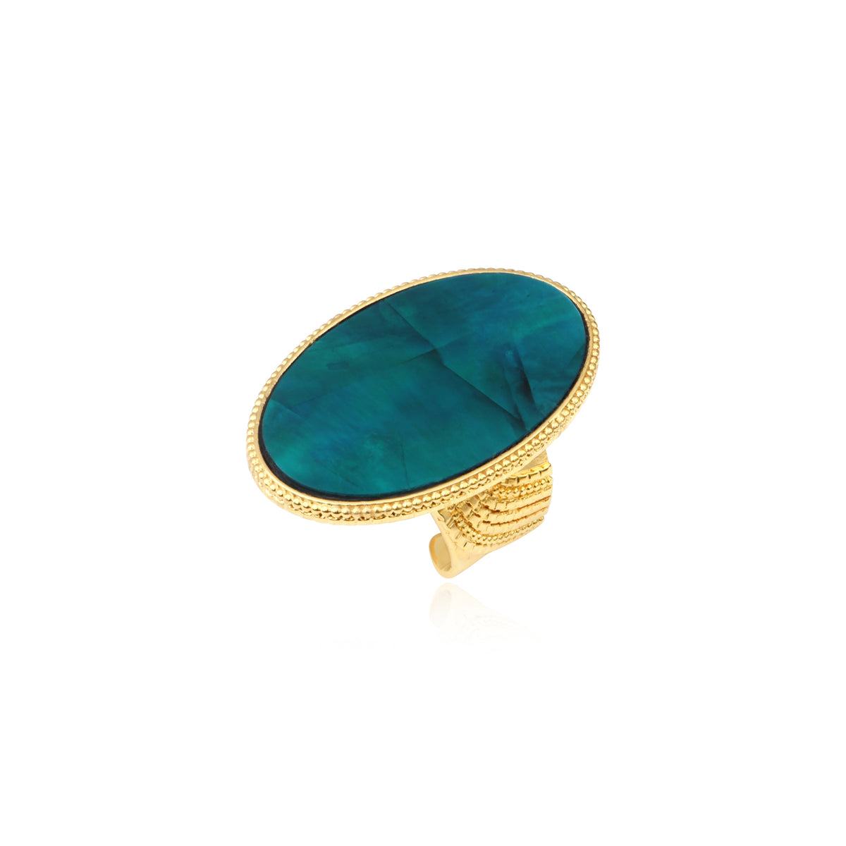 Ashanti Adjustable Ring In Oval Mother-Of-Pearl With Bold Volume & Metal – Green Turquoise – Size M