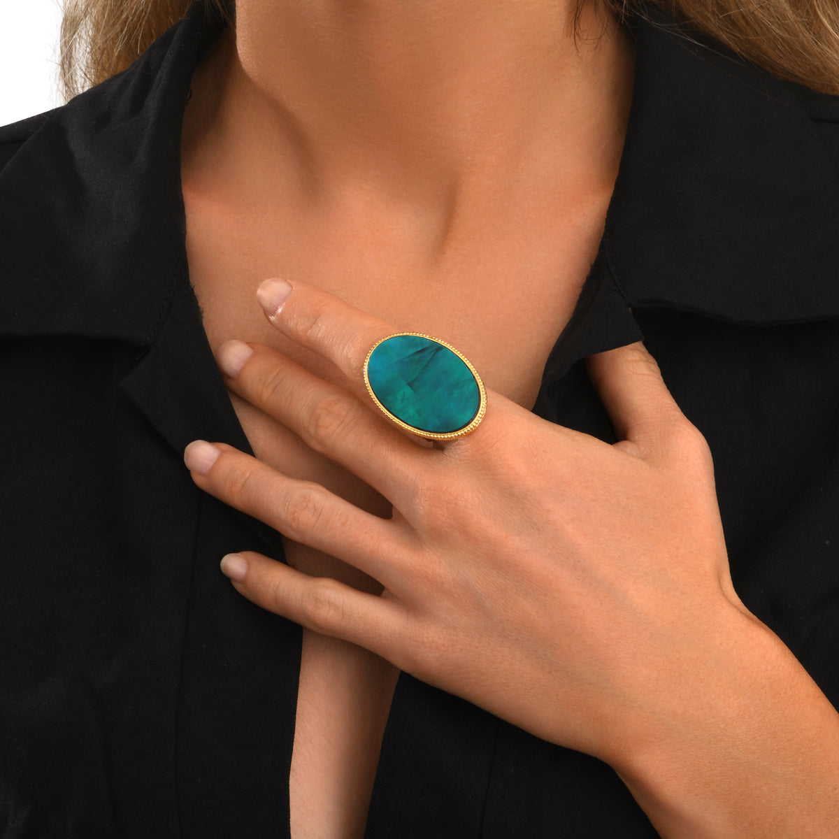 Ashanti Adjustable Ring In Oval Mother-Of-Pearl With Bold Volume & Metal – Green Turquoise – Size M