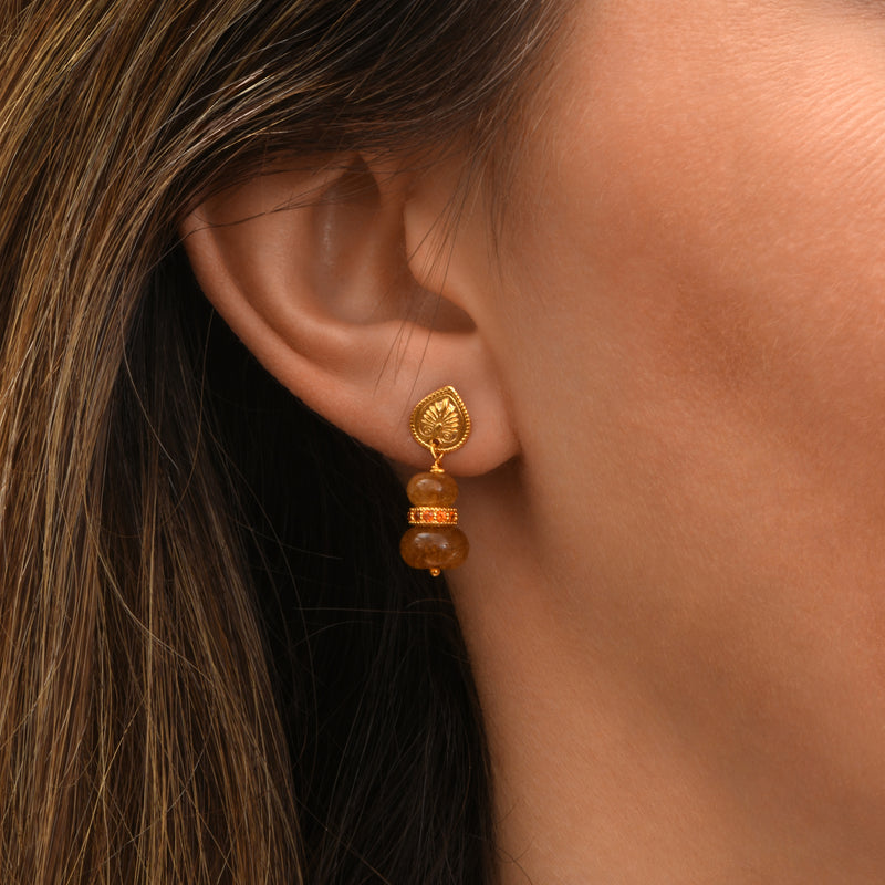 Avola Small Engraved Drop Earrings with Stud fastening in Orange