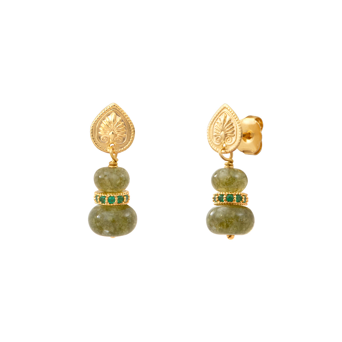 Avola Small Engraved Drop Earrings with Stud fastening in Green