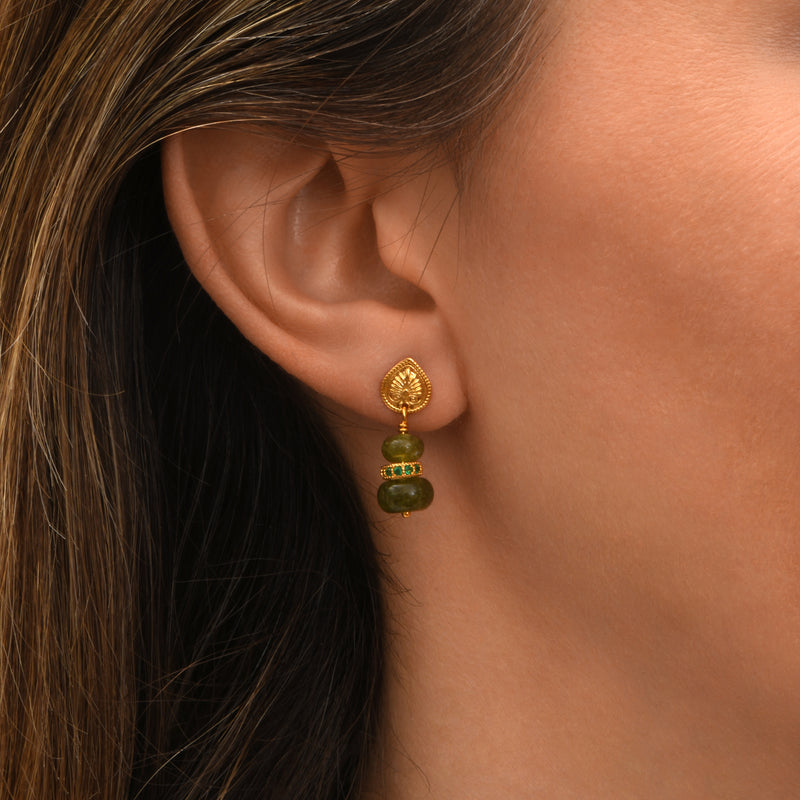 Avola Small Engraved Drop Earrings with Stud fastening in Green