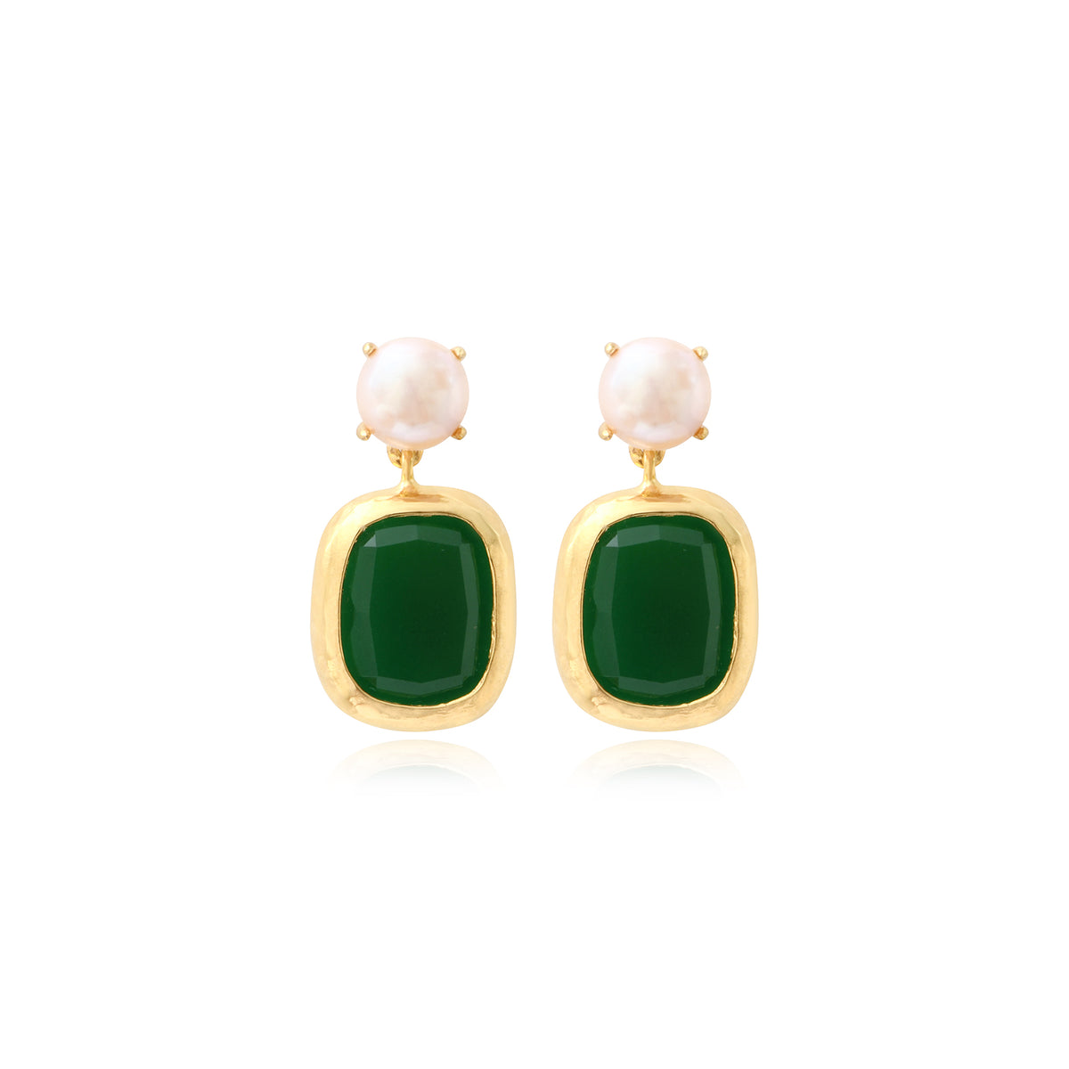 Bysance Stud Earrings In Gold-Tone Metal, Freshwater Pearl & Rectangular Cabochon – Green