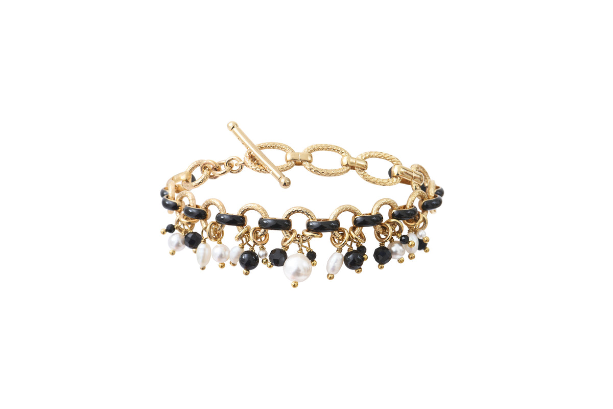 Annella Modern Freshwater Pearl & Onyx Flexible Bracelet in Black