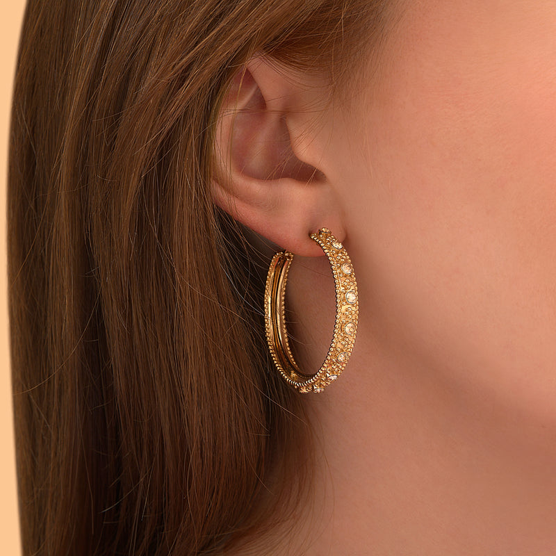 Farah Refined Ethnic Metal & Prestige Crystal pierced Hoop Earrings in Gold-plated