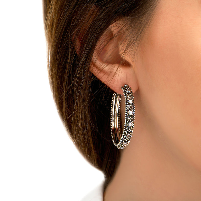 Farah Rock Metal & Prestige Crystal pierced Hoop Earrings in Silver