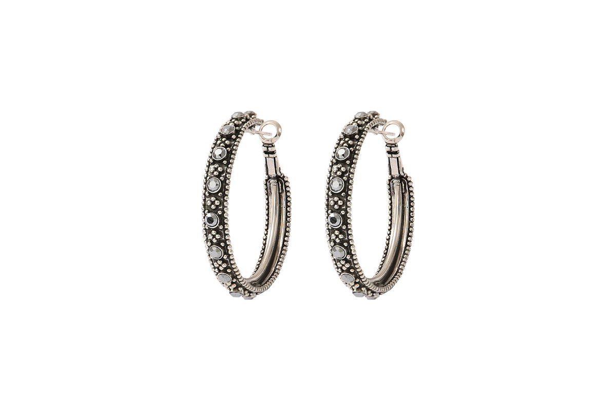 Farah Rock Metal & Prestige Crystal pierced Hoop Earrings in Silver