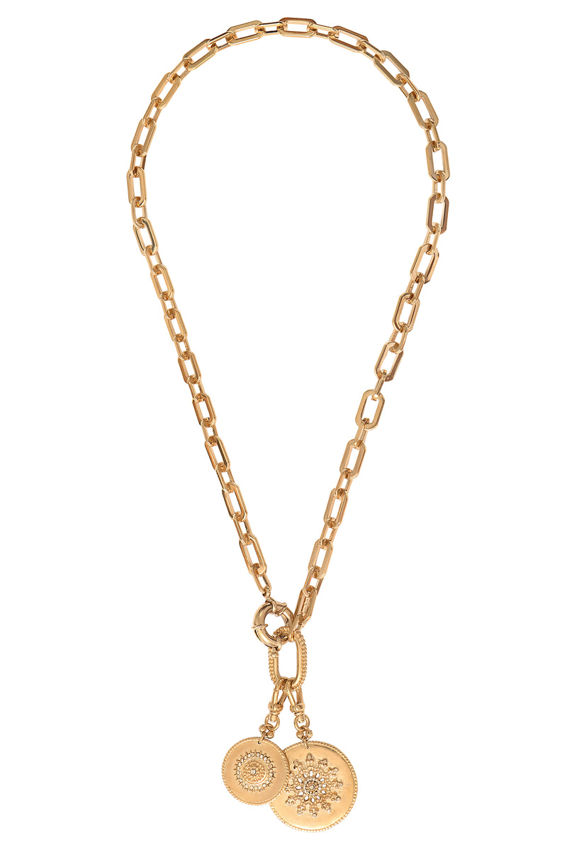 Farah Bohemian Metal Medallion & Prestige Crystal Chain Necklace in Gold-Plated
