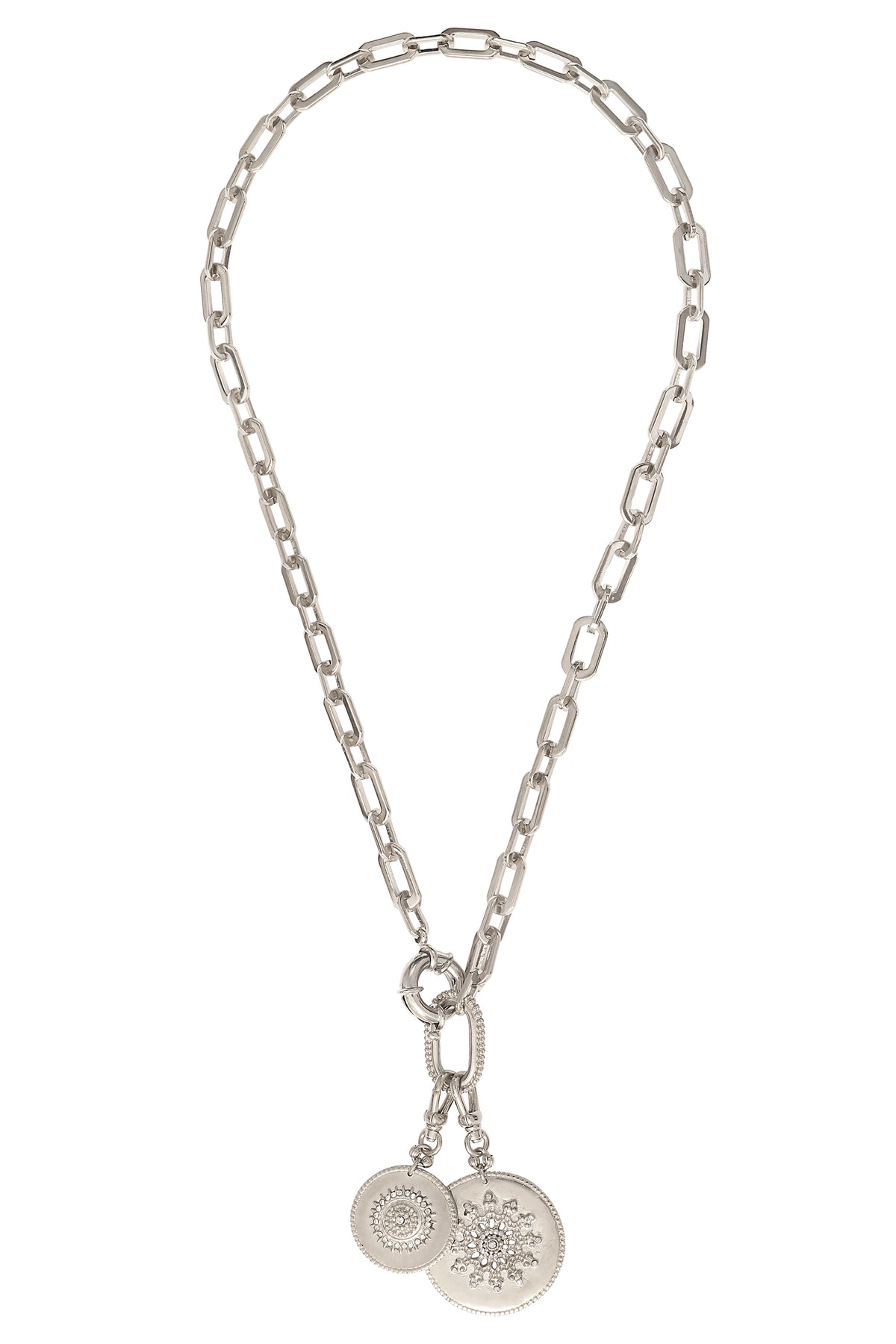 Farah Ethnic metal medallion and Prestige crystal chain necklace in Silver-plated