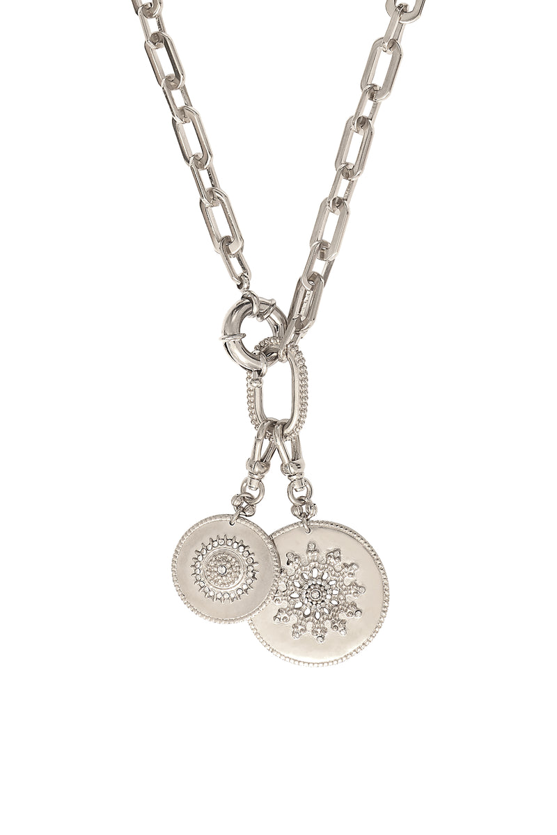 Farah Ethnic metal medallion and Prestige crystal chain necklace in Silver-plated