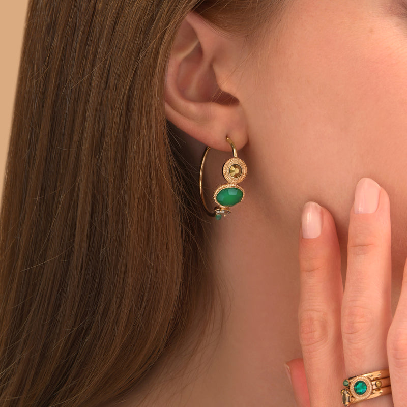 Fujita Mysterious Crystal Gold Haematite Earrings with Hoop Fastening in Green