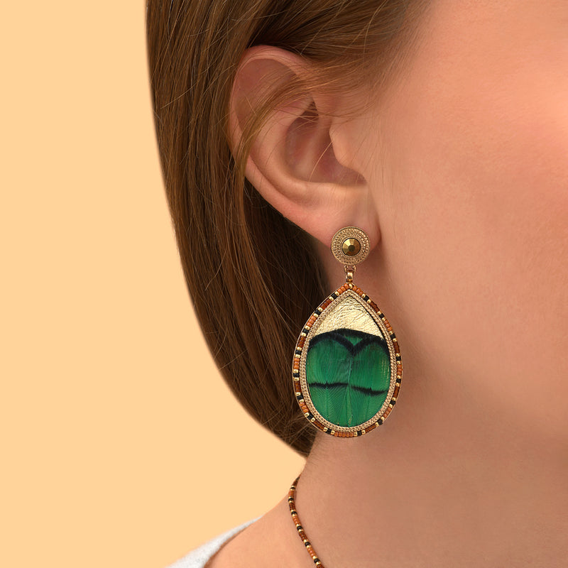 Fujita Modern Feather & Leather Clip-on Earrings in Green