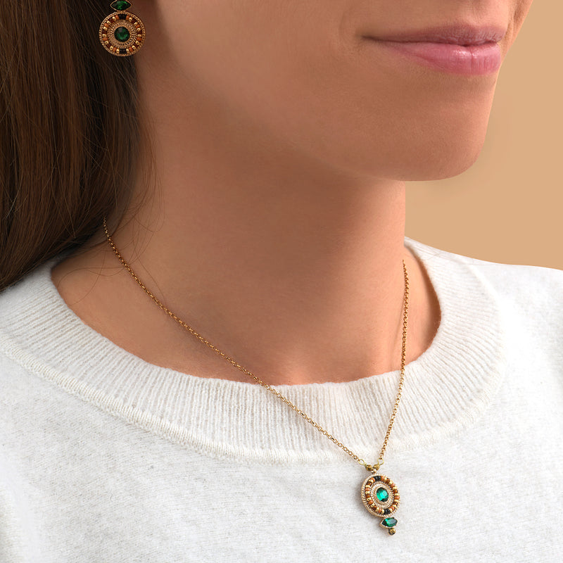 Fujita Sparkling Haematite & Japanese Seed Bead Pendant Necklace in Green