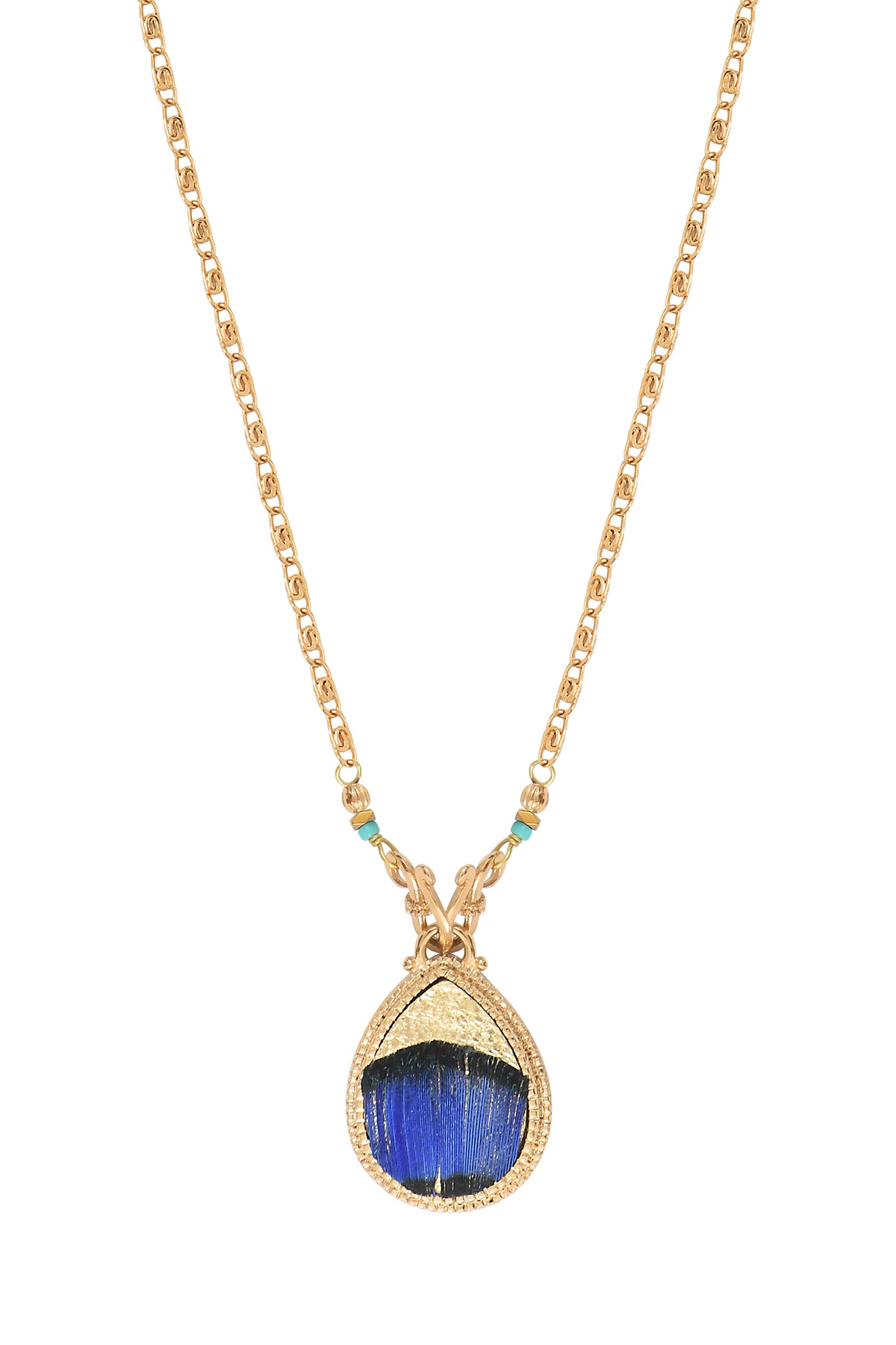 Fujita Ethnic Gold-Plated Chain Feather Pendant Necklace in Blue