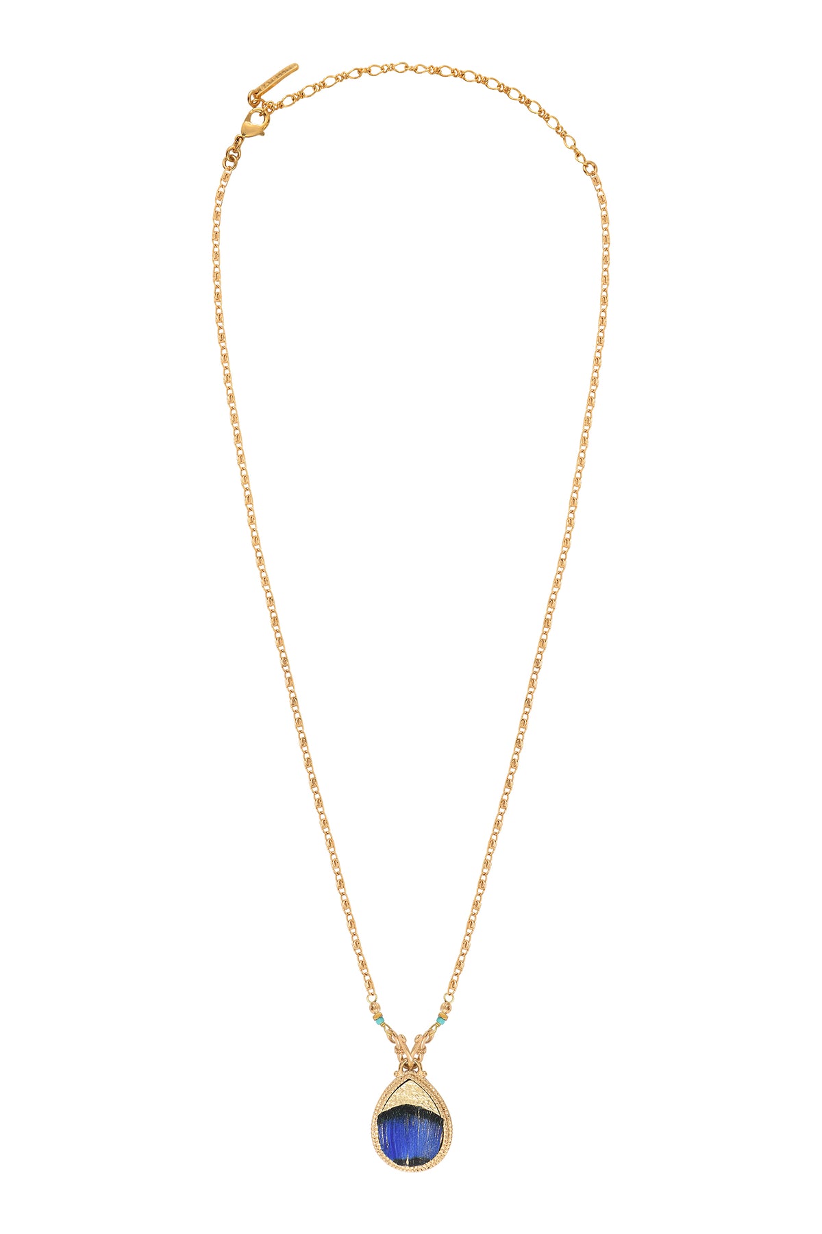 Fujita Ethnic Gold-Plated Chain Feather Pendant Necklace in Blue