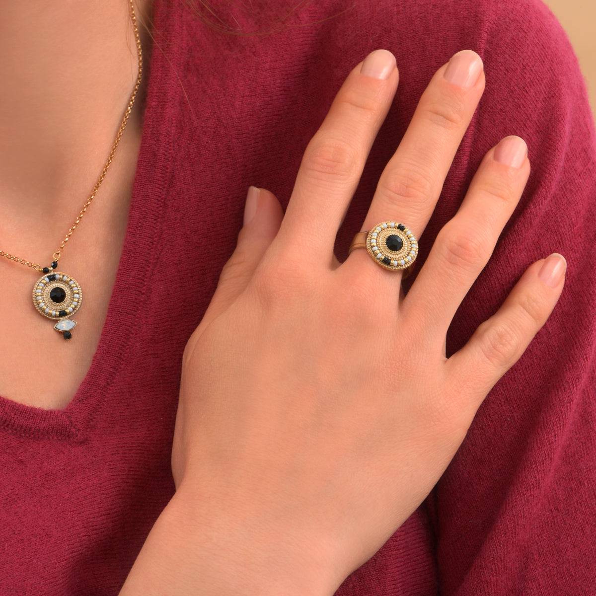 Fujita Chic Japanese Seed Bead Crystal Adjustable Ring in