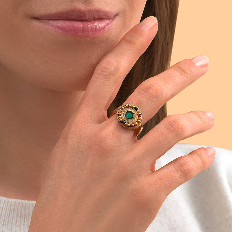 Fujita Mysterious Japanese Seed Bead Faceted Crystal Adjustable Ring in Green