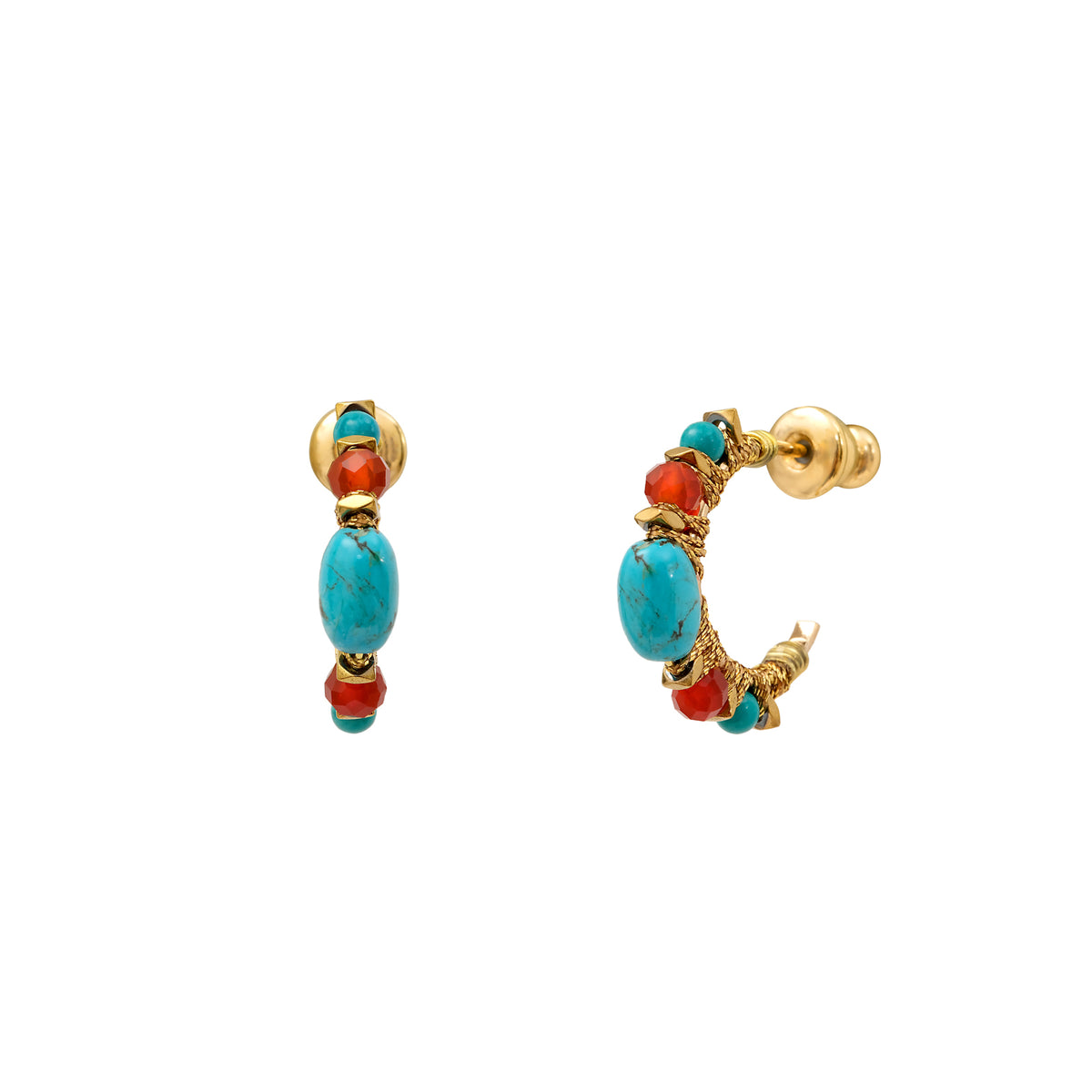 Iancura Gemstone Mini Hoop Earrings in Turquoise & Carnelian