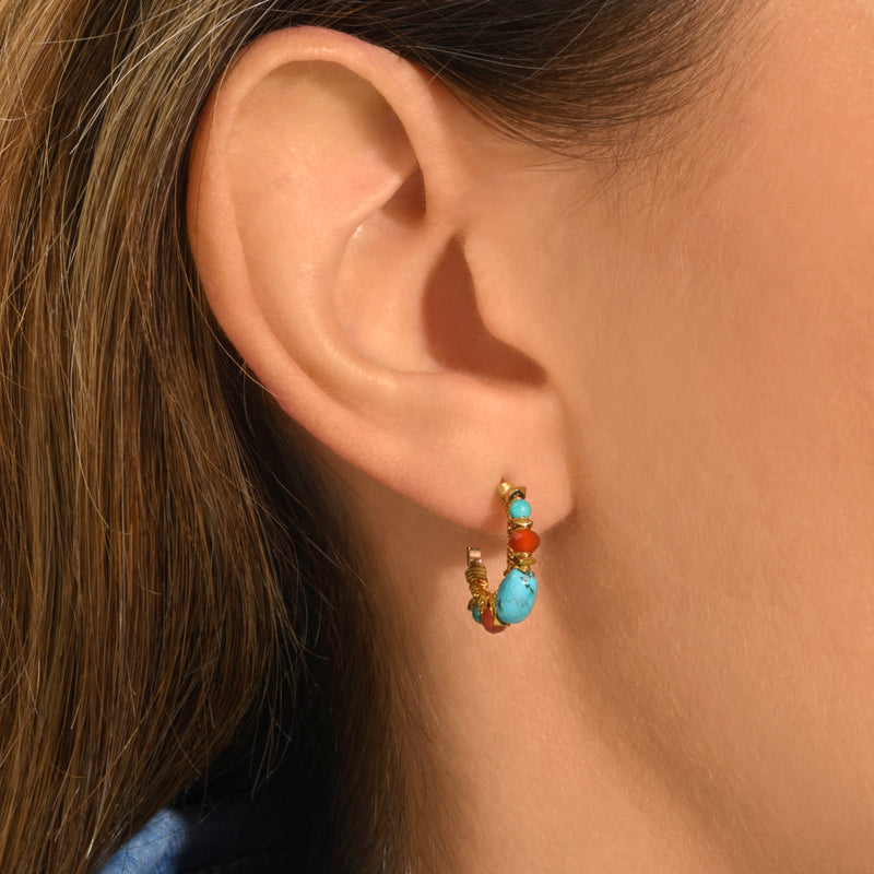 Iancura Gemstone Mini Hoop Earrings in Turquoise & Carnelian