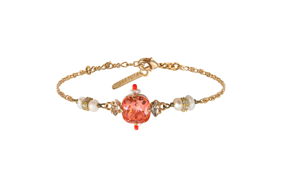 Joyce Romantic Soft Bracelet With Crystals & River Pearls in Coral