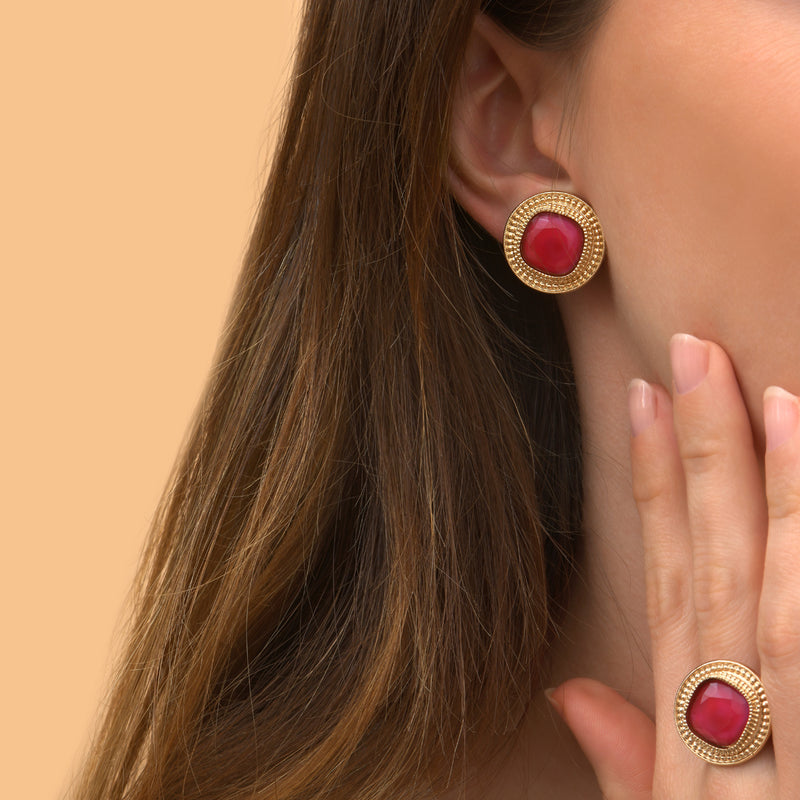Louise Modern Cabochon Clip-On Earrings in Pink