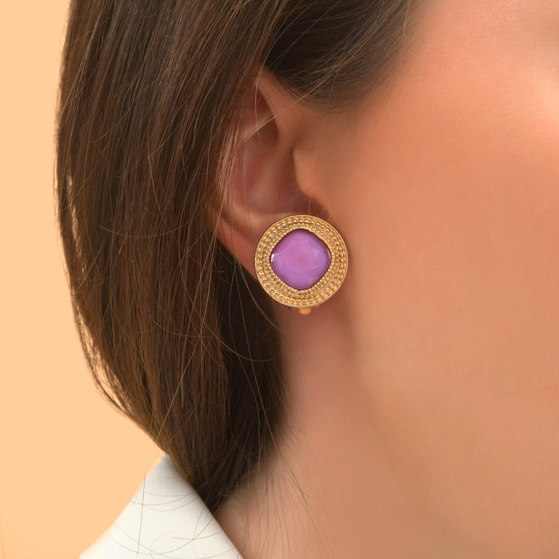 Louise Beautiful Cabochon Clip-On Earrings in Purple