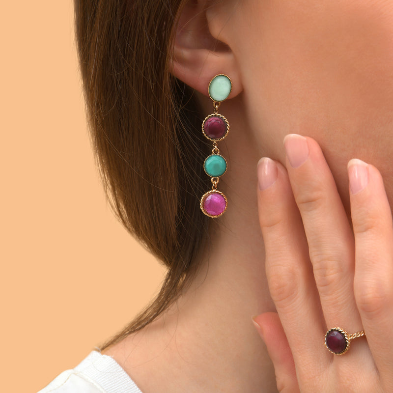 Louise Graphic Coloured Cabochons Earrings With Butterfly Fastening in Blue