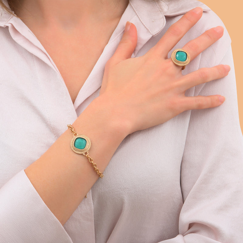 Louise Bohemian Chic Faceted Cabochon Flexible Bracelet in Turquoise