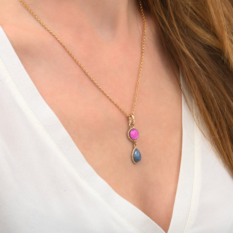Louise Elegant Two-Tone Cabochon Removable Pendant in Blue with Chain Necklace