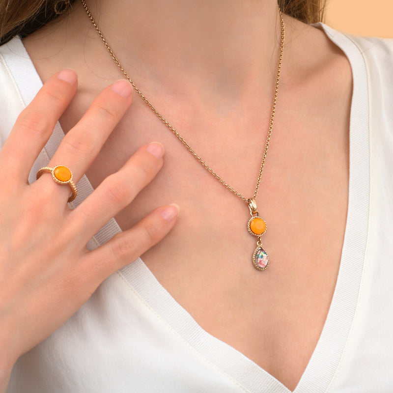 Louise Mysterious Two-Tone Cabochon Removable Pendant in Orange with Chain Necklace