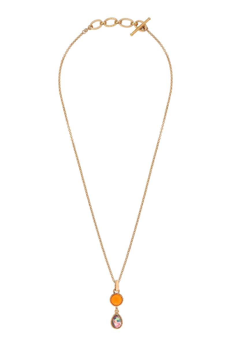 Louise Mysterious Two-Tone Cabochon Removable Pendant in Orange with Chain Necklace