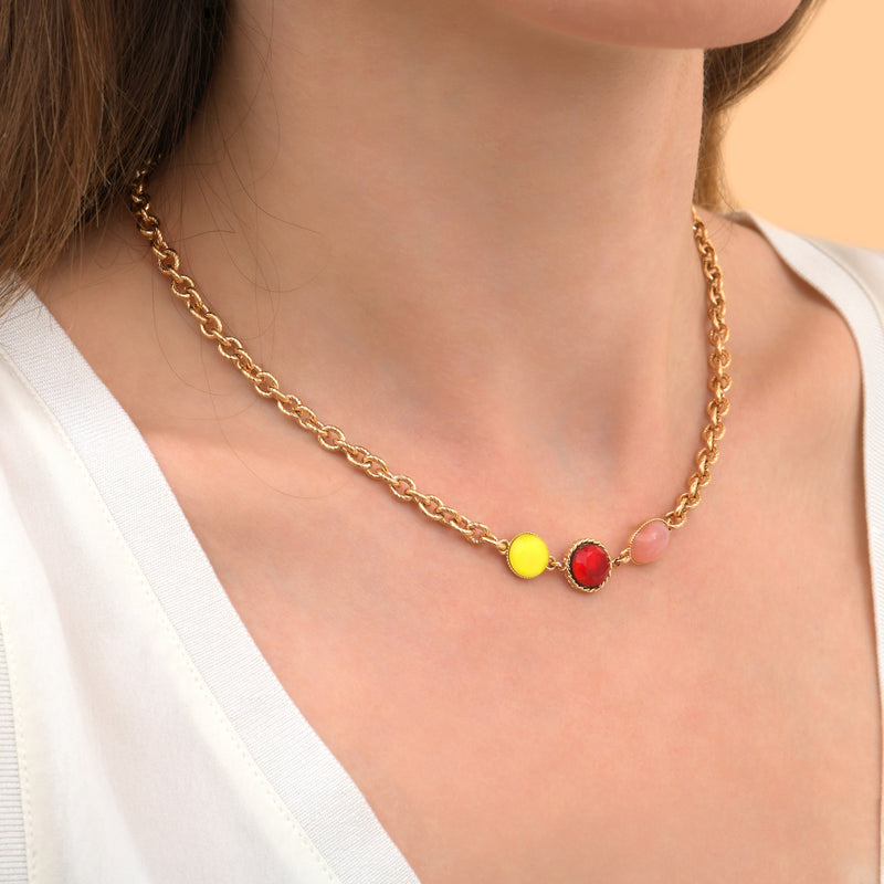 Louise Modern Coloured Cabochon Short Necklace in Red