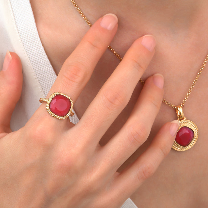 Louise Glamorous Faceted Cabochon Adjustable Ring in Red