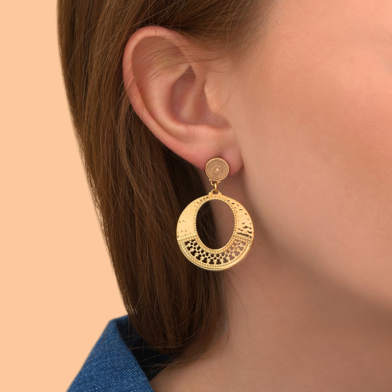 Noor Modern Hammered Metal Round Drop Earrings with Stud Fastening in Gold-Plated
