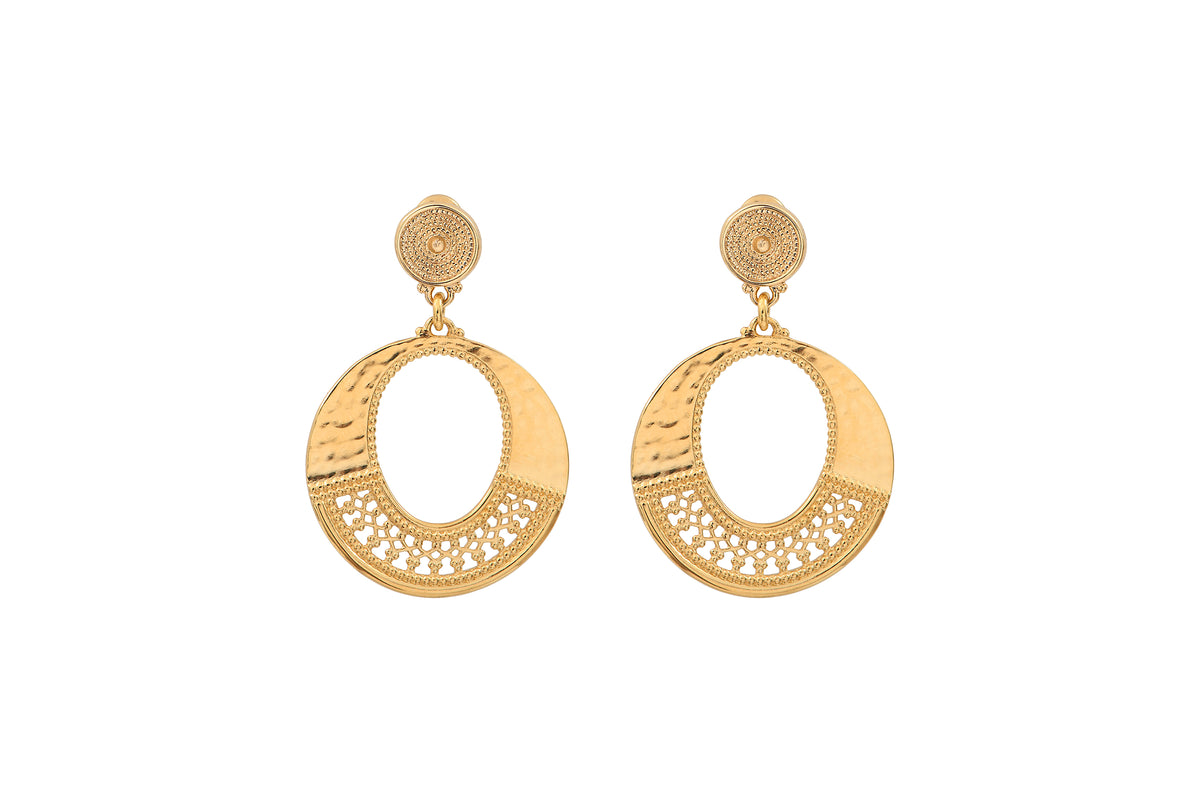 Noor Modern Hammered Metal Round Drop Earrings with Stud Fastening in Gold-Plated