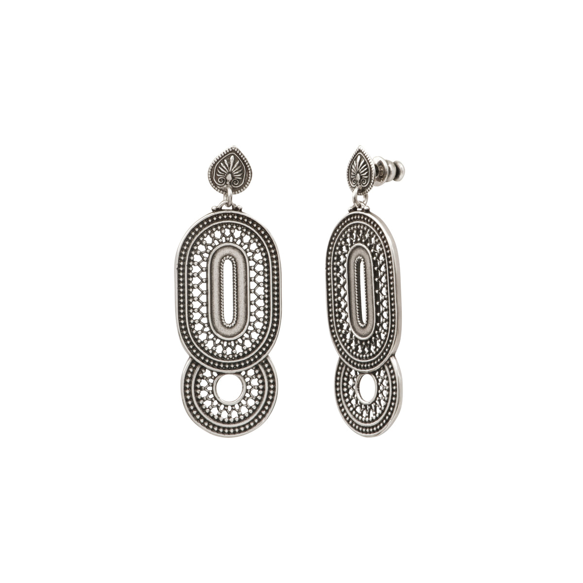 Noor Filigree Drop Earrings with Stud Fastening in Silver-Plated