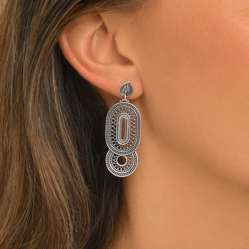 Noor Filigree Drop Earrings with Stud Fastening in Silver-Plated