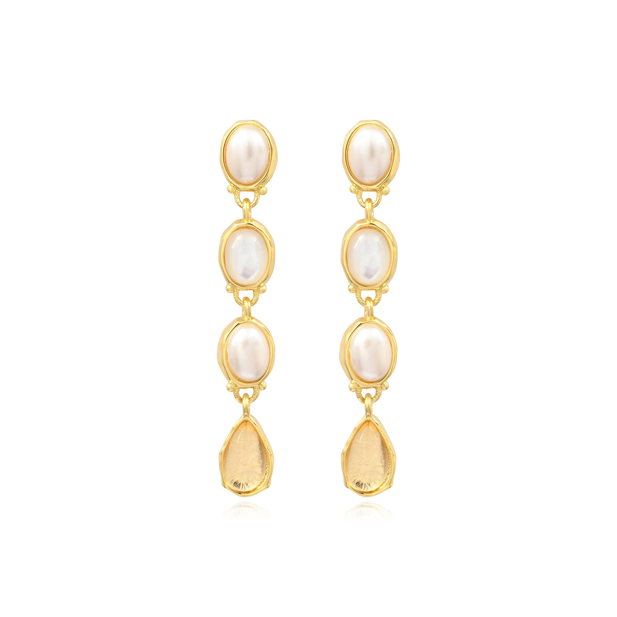 Océane Long Stud Earrings In Gold-Tone Metal With Mother-Of-Pearl & Cabochons – White