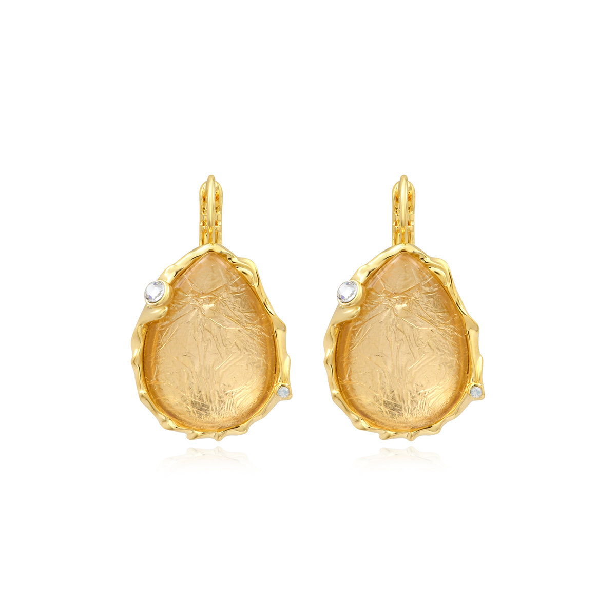 Océane Drop-Shaped Sleeper Earrings In Gold-Tone Metal With Cabochon & Rhinestones – White