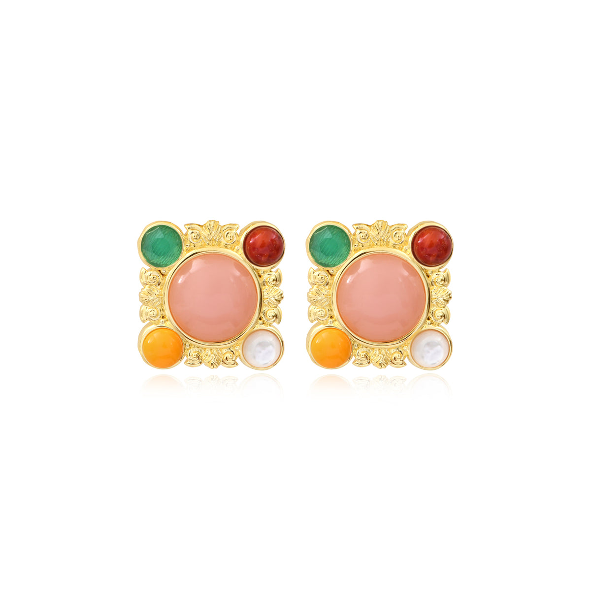 Océane Clip Earrings In Gold-Tone Metal With Multicolored Cabochons, Seashell Motif – Multi